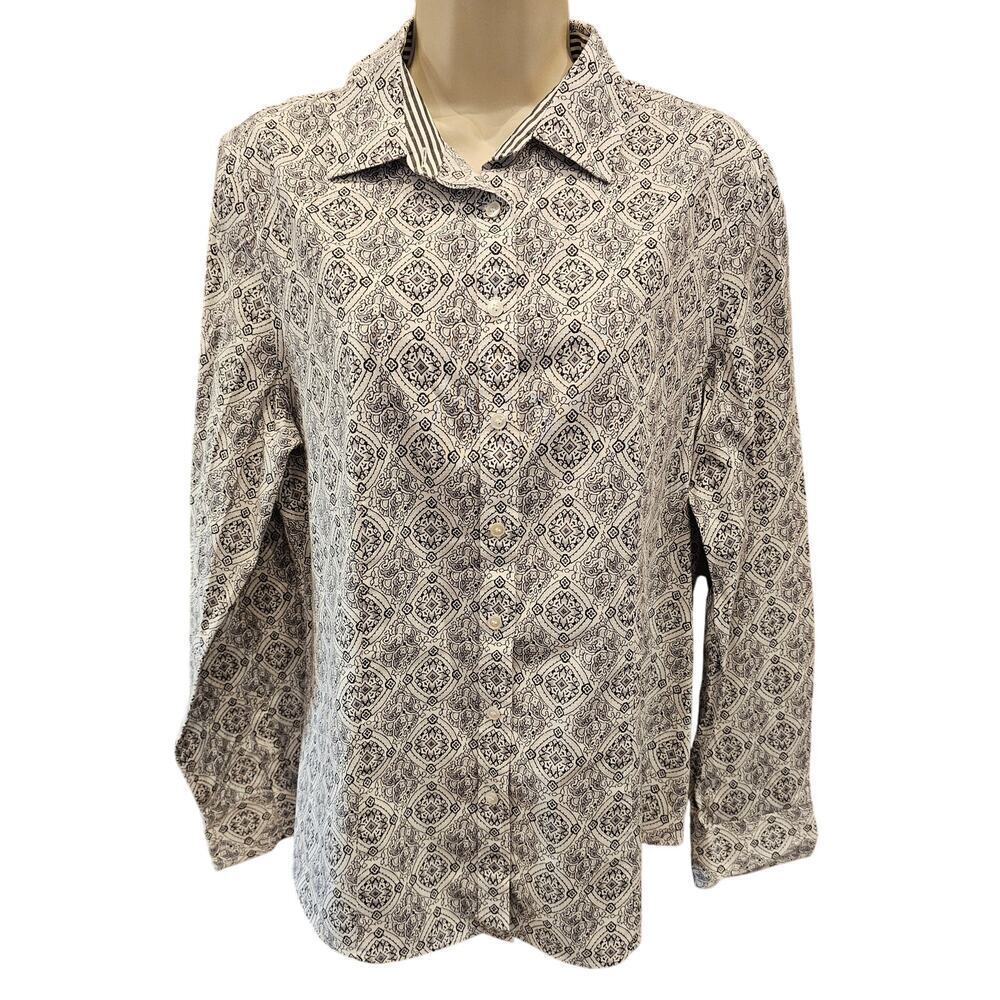 TALBOTS L/S Thistle Print WRINKLE RESISTANT Stretch Cotton Shirt sz 12 career